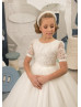 Short Sleeves Ivory Glitter Lace Tulle Flower Girl Dress